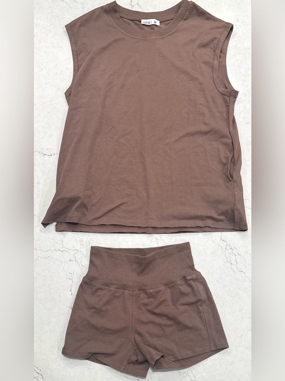 UEU Brown Solid Knit Tank & Shorts 2-Piece Outfit Set Crew Neck Sleeveless M